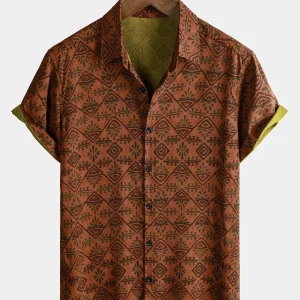 Camisa de Manga Curta de Algodão Boho Laranja com Estampado Tribal Geométrico para Homem