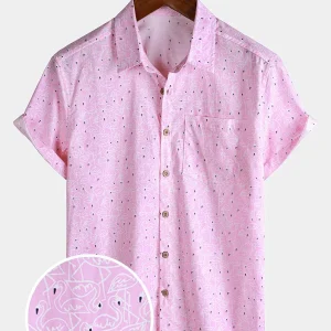 Camisa de Algodão de Praia de Verão para Homem com Flamencos, de Manga Curta e Botões