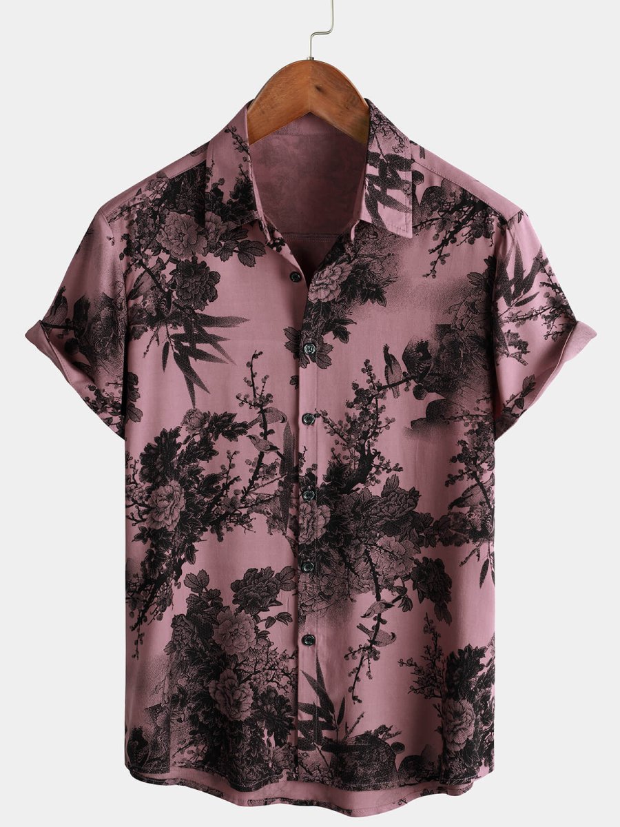 Camisa de Algodão de Homem Rosa Floral de Bambu de Verão Havaiiana de Manga Curta