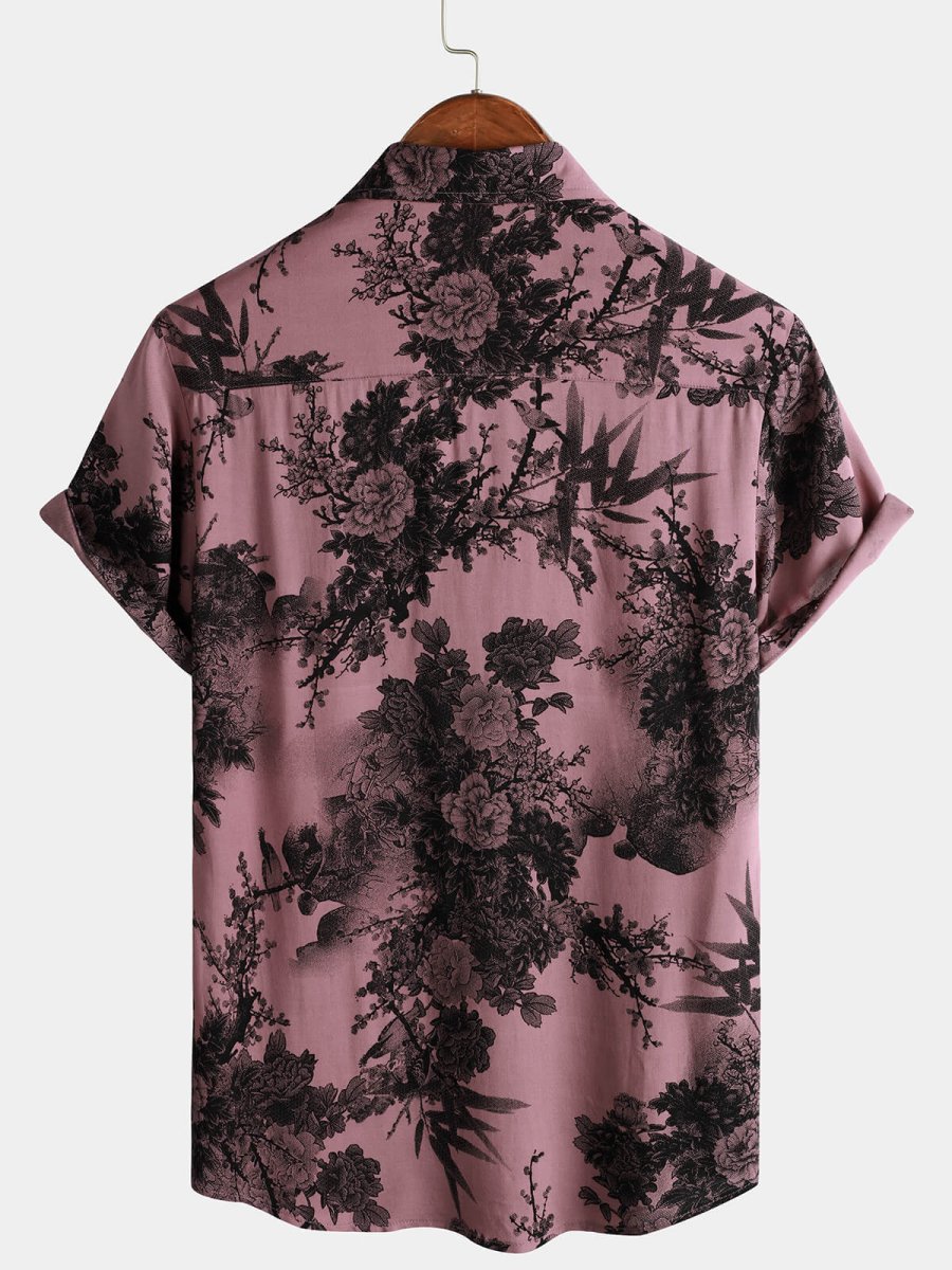 Camisa de Algodão de Homem Rosa Floral de Bambu de Verão Havaiiana de Manga Curta - Image 3