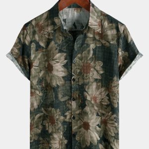 Camisa Casual de Algodão de Verão com Flores Vintage para Homem