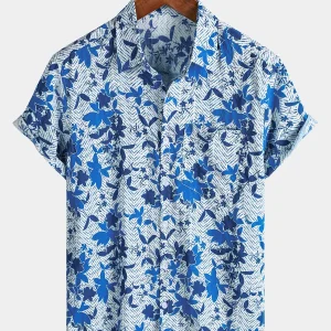 Camisa de Manga Curta de Algodão com Bolso no Peito para Homem, Estampado Floral Havaiiano em Azul, Leve e Respirável