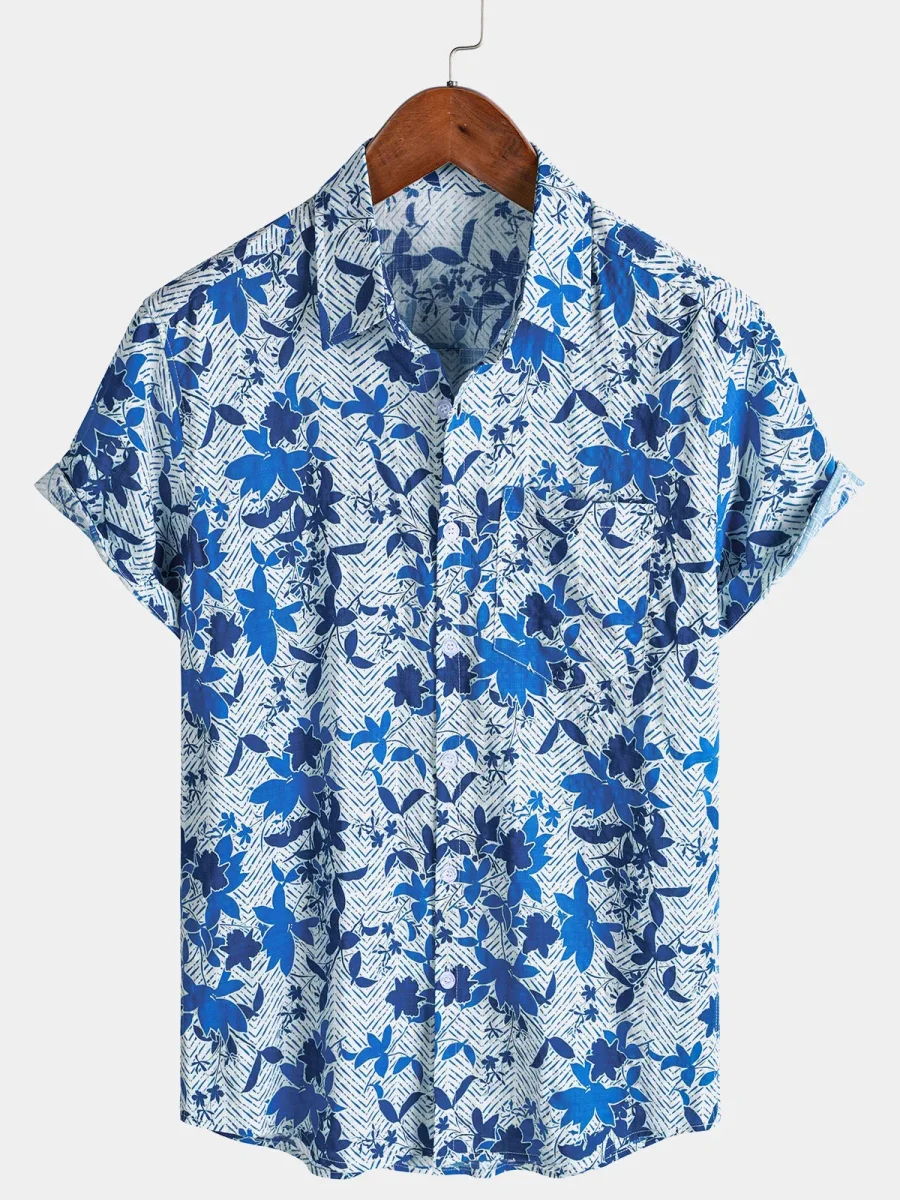 Camisa de Manga Curta de Algodão com Bolso no Peito para Homem, Estampado Floral Havaiiano em Azul, Leve e Respirável