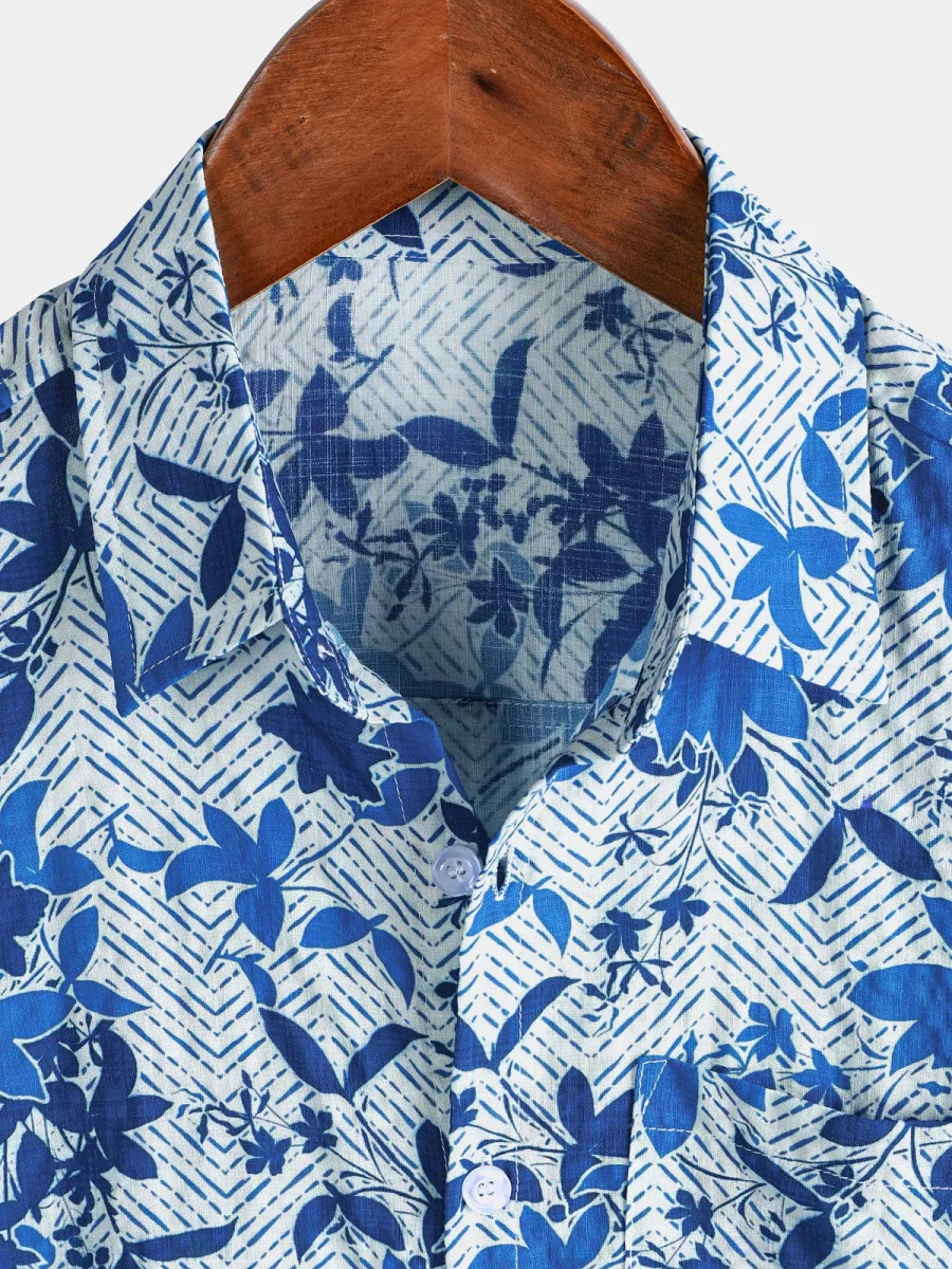 Camisa de Manga Curta de Algodão com Bolso no Peito para Homem, Estampado Floral Havaiiano em Azul, Leve e Respirável - Image 3