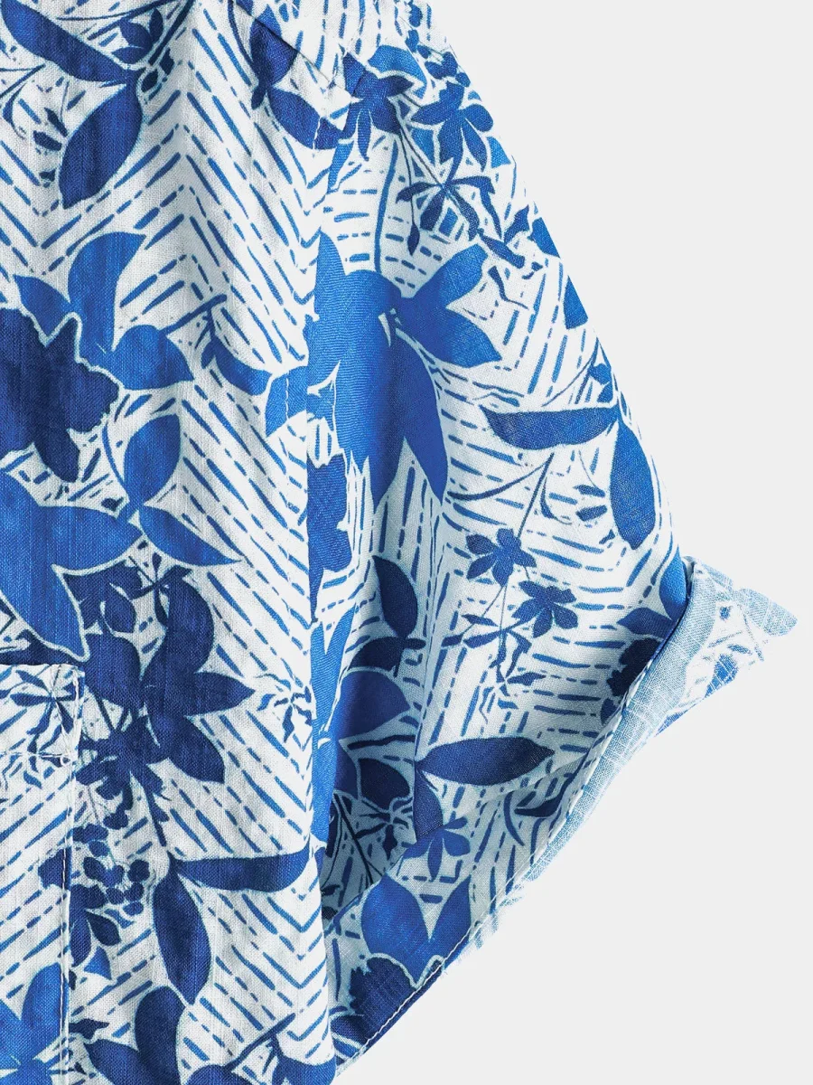 Camisa de Manga Curta de Algodão com Bolso no Peito para Homem, Estampado Floral Havaiiano em Azul, Leve e Respirável - Image 4