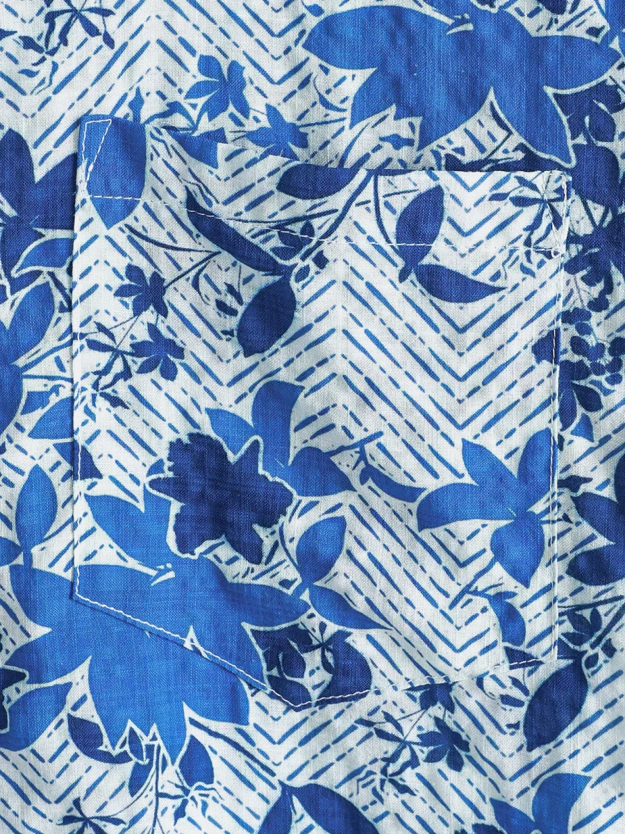 Camisa de Manga Curta de Algodão com Bolso no Peito para Homem, Estampado Floral Havaiiano em Azul, Leve e Respirável - Image 5