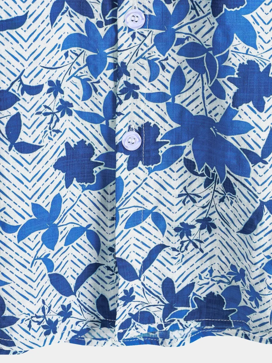 Camisa de Manga Curta de Algodão com Bolso no Peito para Homem, Estampado Floral Havaiiano em Azul, Leve e Respirável - Image 6