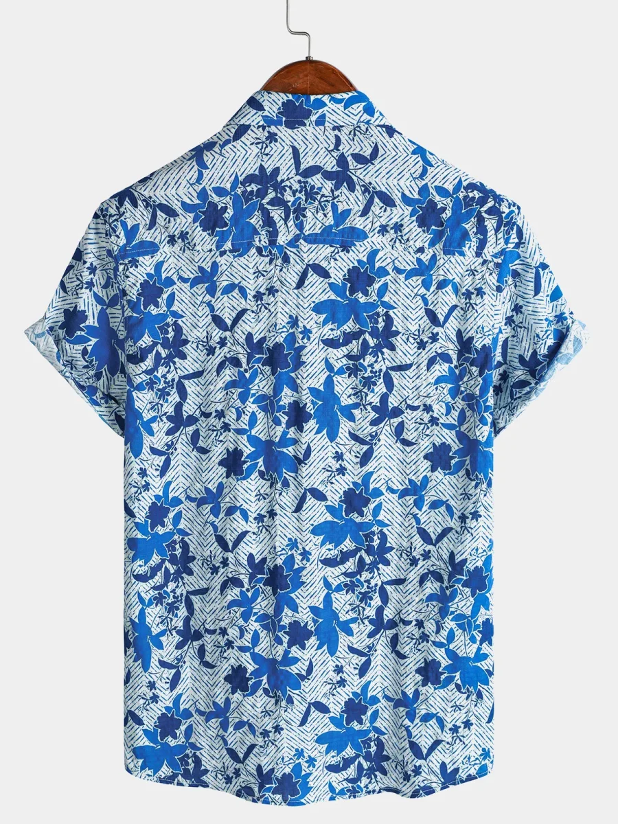 Camisa de Manga Curta de Algodão com Bolso no Peito para Homem, Estampado Floral Havaiiano em Azul, Leve e Respirável - Image 7