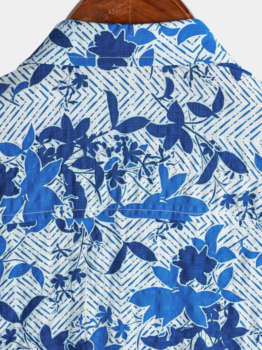 Camisa de Manga Curta de Algodão com Bolso no Peito para Homem, Estampado Floral Havaiiano em Azul, Leve e Respirável - Image 8