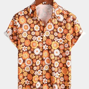 Hydra | Camisa de Algodão de Verão de Manga Curta com Botões de Flores Vintage para Homem, Tema Disco dos Anos 70