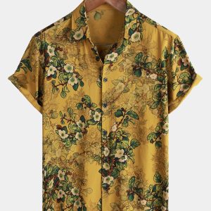 Camisa de Algodão de Homem Vintage Casual Suave com Flores e Manga Curta
