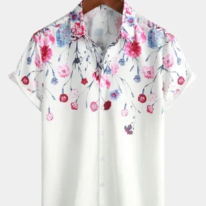 Alghero | Camisas Florais de Algodão para Homem, Camiseta de Verão com Estampado de Flores e Manga Curta