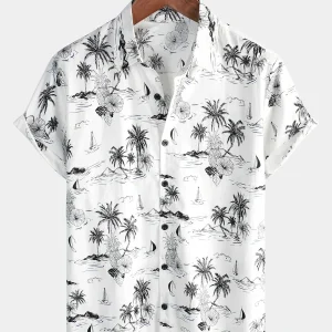 Alvor | Camisa de Algodão Aloha de Manga Curta Branca com Estampado de Ananás Tropical e Palma para Homem