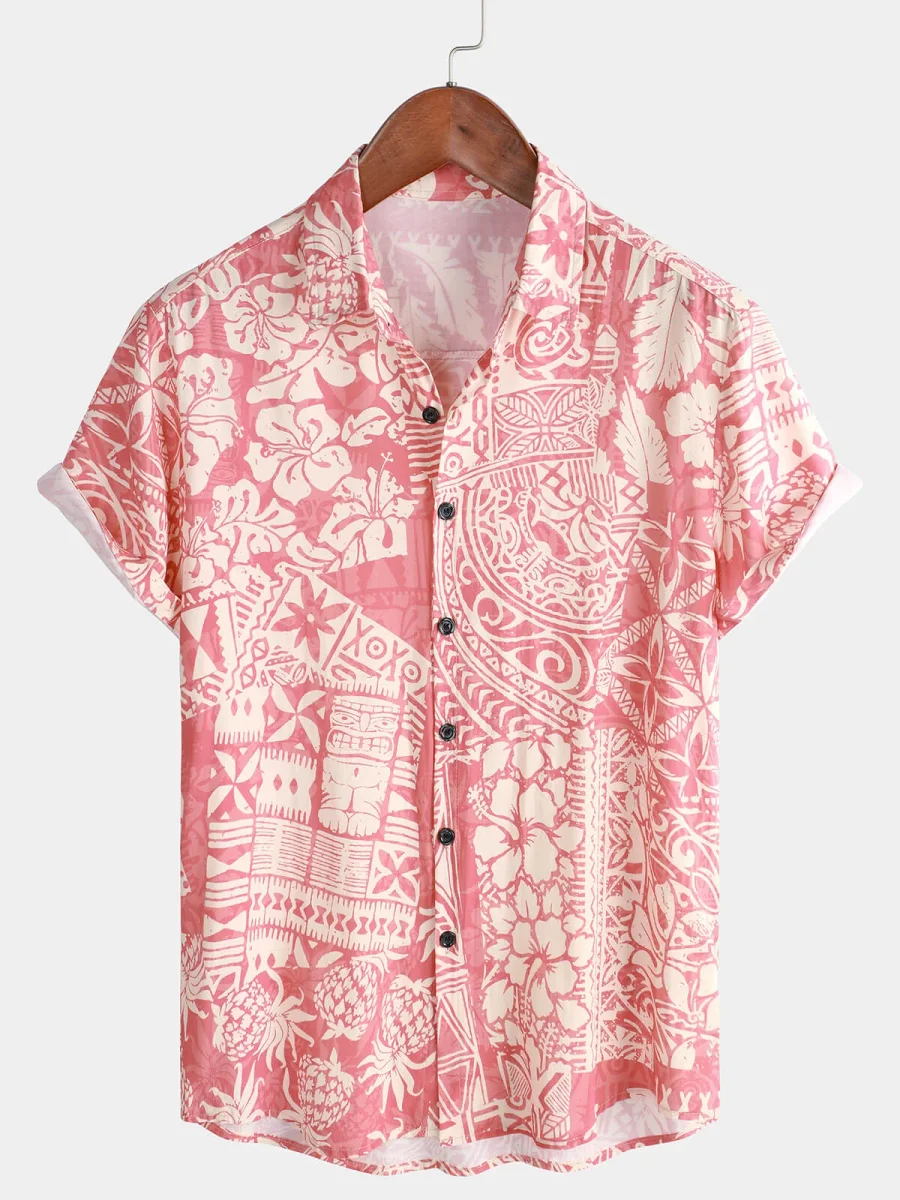 Kefalonia | Camisa de Manga Curta de Algodão de Botão Hawaiana Tropical Floral Rosa para Homem - Image 2