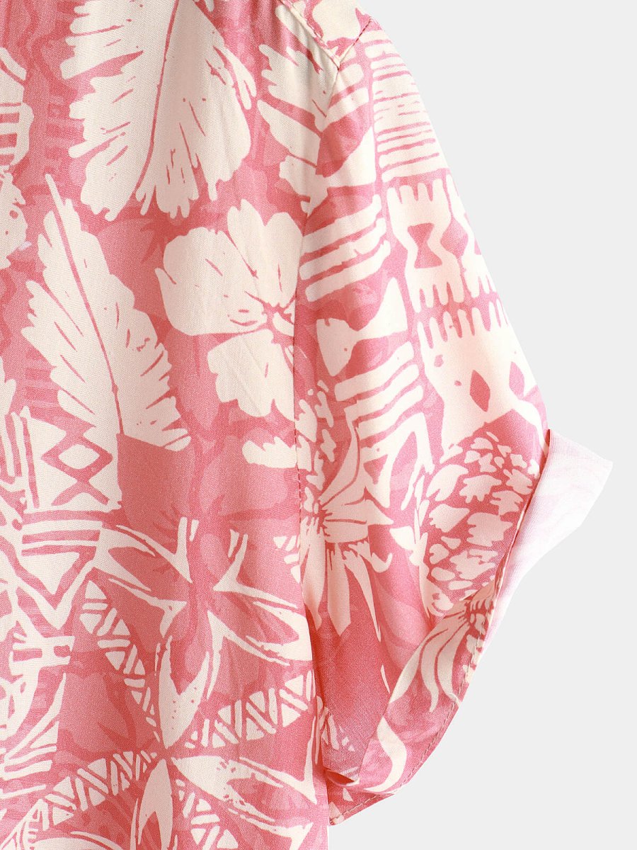 Kefalonia | Camisa de Manga Curta de Algodão de Botão Hawaiana Tropical Floral Rosa para Homem - Image 5