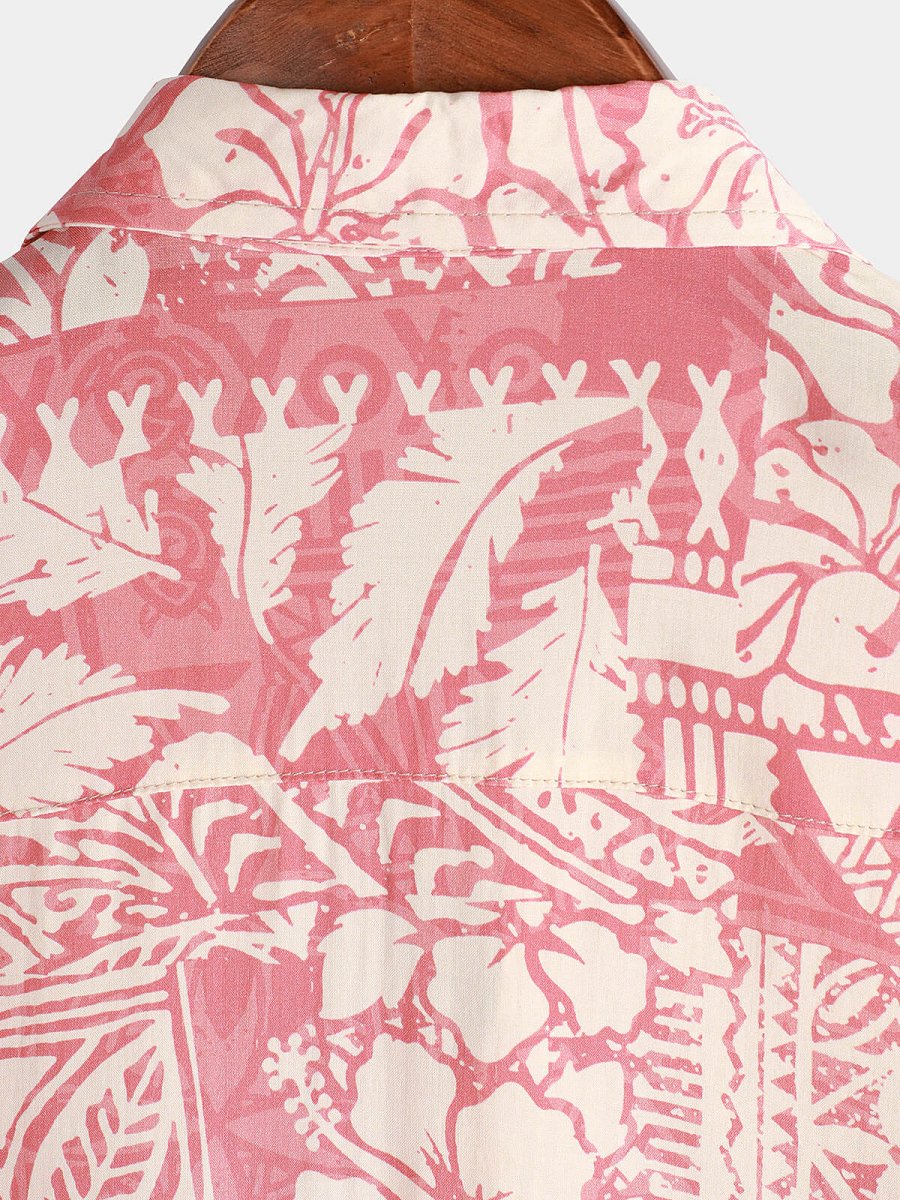 Kefalonia | Camisa de Manga Curta de Algodão de Botão Hawaiana Tropical Floral Rosa para Homem - Image 7