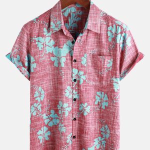 Camisa de Algodão de Praia Tropical Havaiana Vintage de Manga Curta para Homem em Vermelho Floral