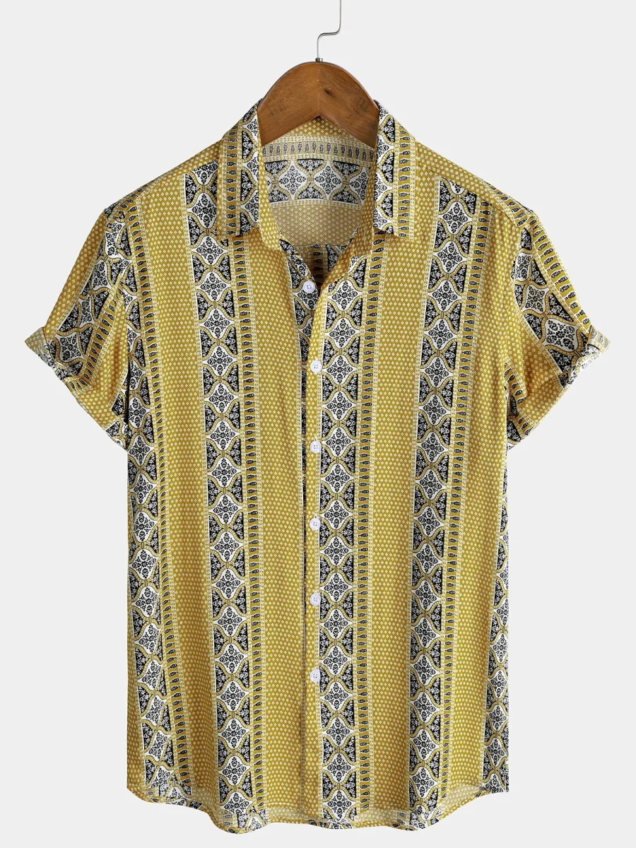 Camisa de Algodão de Verão de Manga Curta com Botões de Risca Floral Retro Cool Leve para Homem - Image 8
