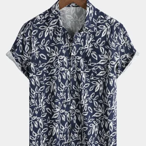 Camisa de Algodão de Verão para Homem com Padrão de Folhagem Tropical Transpirável