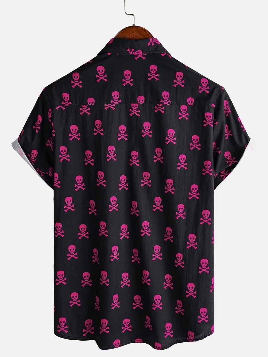 Ericeira | Camisa de Algodão de Verão de Manga Curta para Homem com Caveira Rosa Punk Rock e Fresca - Image 5