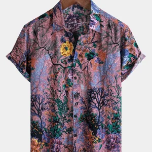 Camisa de Algodão de Verão de Manga Curta com Estampado Floral Retro para Homem
