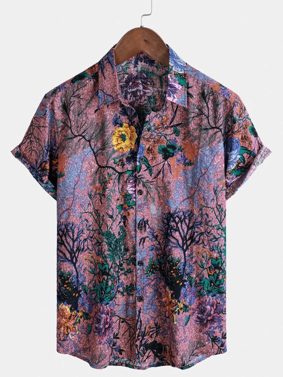 Camisa de Algodão de Verão de Manga Curta com Estampado Floral Retro para Homem