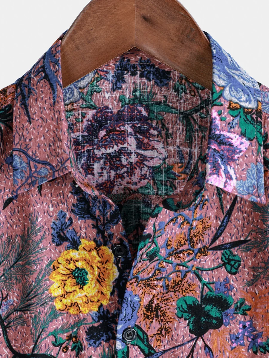 Camisa de Algodão de Verão de Manga Curta com Estampado Floral Retro para Homem - Image 3