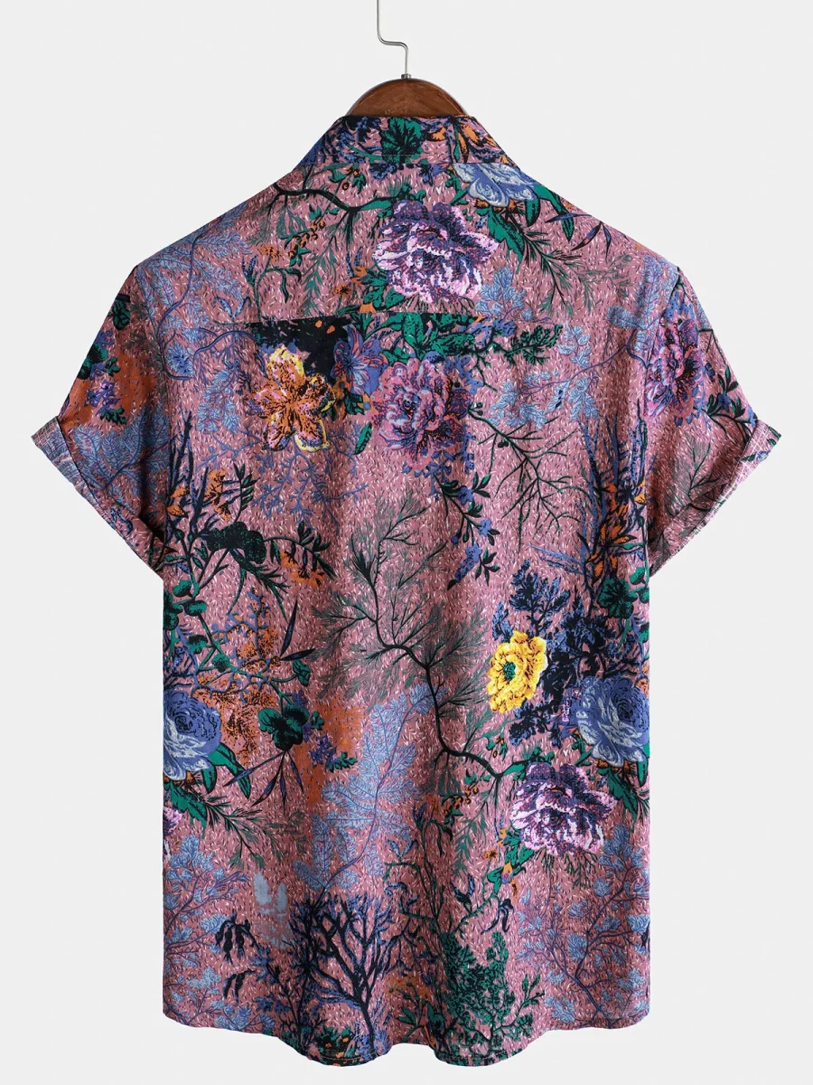 Camisa de Algodão de Verão de Manga Curta com Estampado Floral Retro para Homem - Image 4