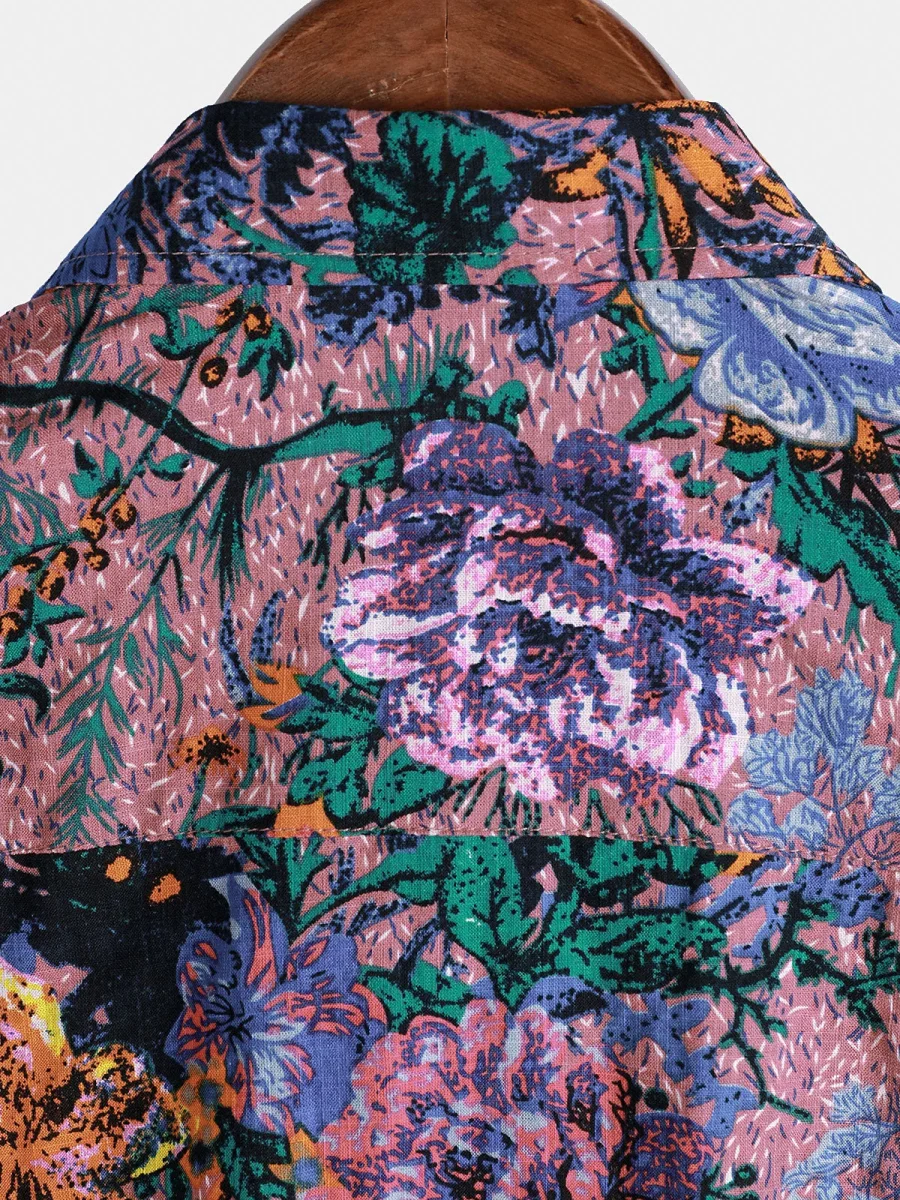 Camisa de Algodão de Verão de Manga Curta com Estampado Floral Retro para Homem - Image 7