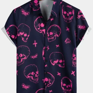 Camisa de Algodão Aloha havaiana de arte gráfica com estampado de caveira rosa para homens