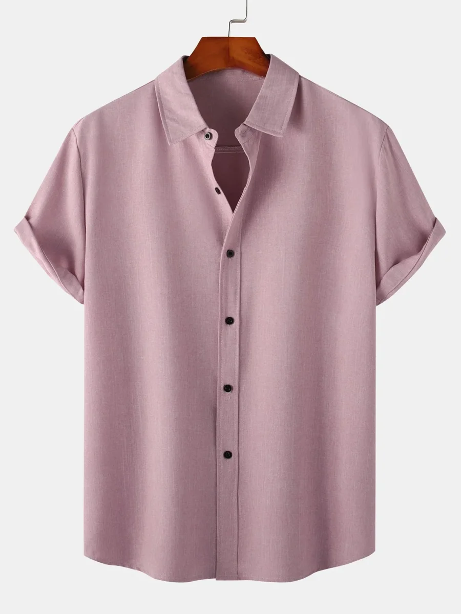 Baleal | Camisa Casual de Algodão de Cor Sólida para Homem com Botões e Manga Curta Transpirável