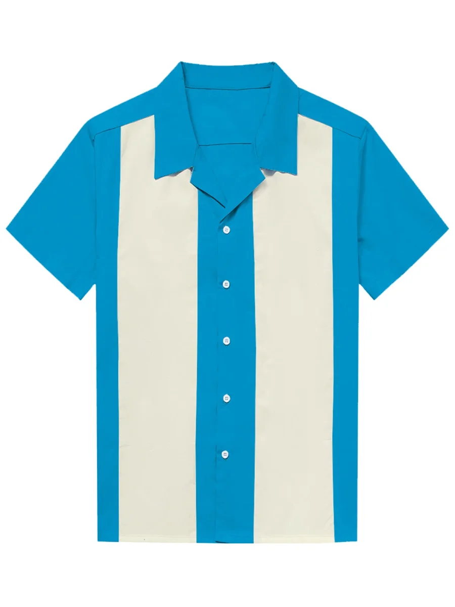 Folegandros | Camisa de Manga Curta de Algodão Retro dos anos 50 com Colarinho Cubano para Homem em Azul - Image 4