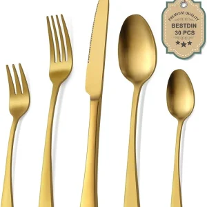 Conjunto de Talheres para 6 Pessoas Bestdin – 30 Peças em Aço Inoxidável Dourado Fosco
