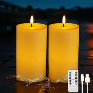 Conjunto 2 Velas LED Sem Chama 10×20 cm – Impermeáveis, Recarregáveis, Com Temporizador e Comando