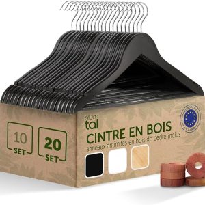 Blumtal - Conjunto de 20 Cabides de Madeira Pretos Antideslizantes com Gancho Giratório 360°
