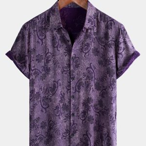 Camisa de Manga Curta de Algodão Havaiana Vintage Respirável para Homem em Roxo
