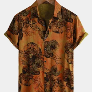 Camisa de Manga Curta de Algodão Havaiana Floral Retro para Homem