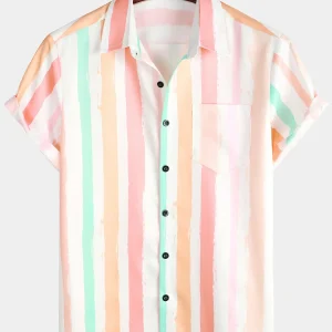 Camisa de Algodão de Homem de Verão Rosa e Branca a Rayas Verticais com Botões e Bolso de Manga Curta