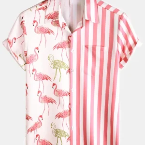 Camisa de Algodão de Campismo de Praia de Manga Curta com Botões e Bolso de Estampado de Riscas de Flamingo Rosa para Homem