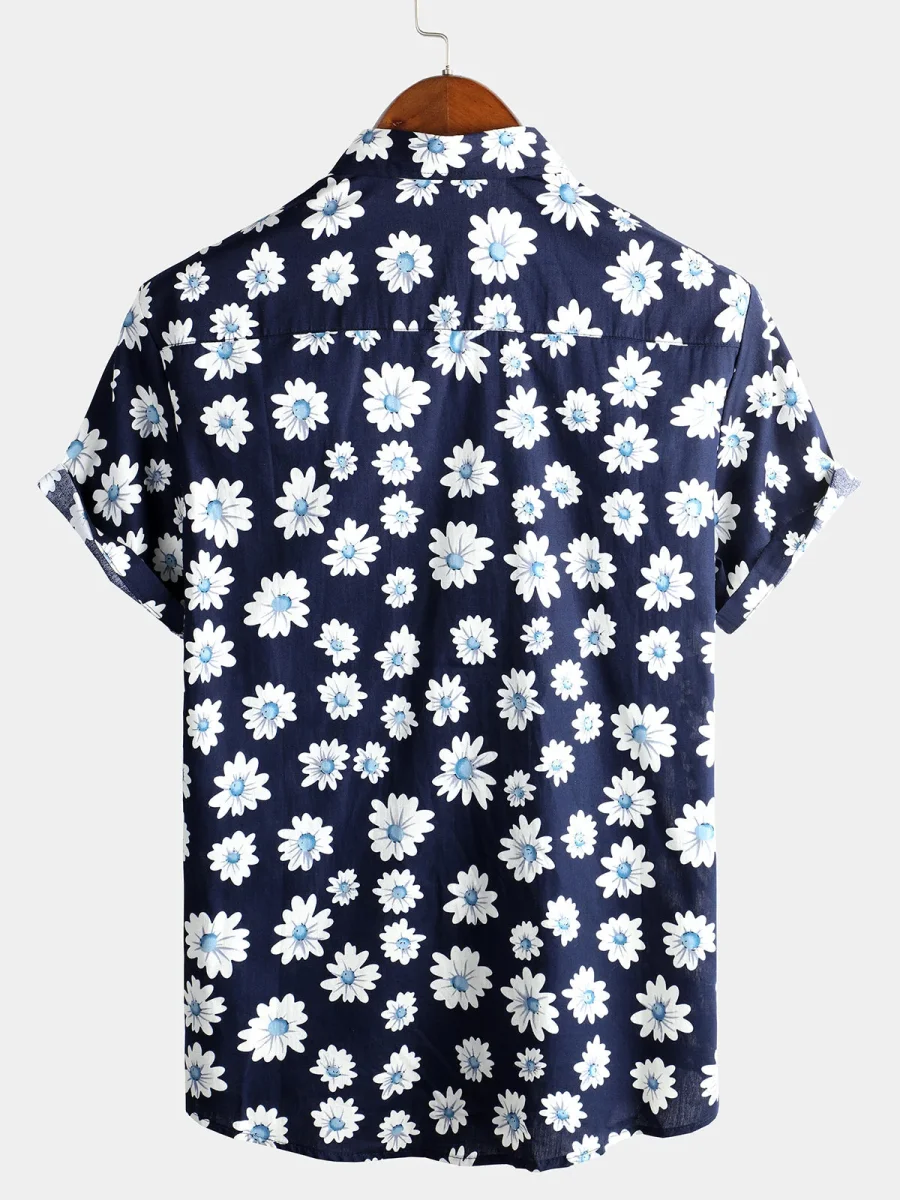 Amalfi | Camisa de Manga Curta de Algodão Havaiana para Homem em Azul Marinho com Margaridas - Image 3