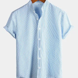 Alghero | Camisa de Algodão de Homem com Colarinho Alto de Cor Sólida e Manga Curta de Riscas Verticais Clássicas