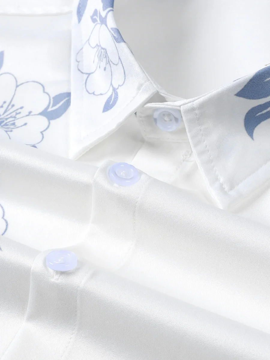 Camisa de Manga Curta de Algodão Havaiã de Botão para Homem com Estampado Floral Azul - Image 3