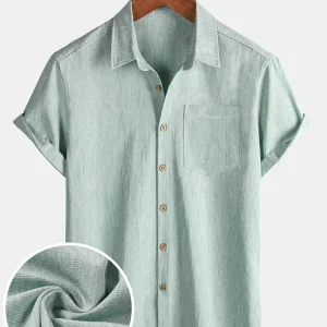 Camisa de Manga Curta de Algodão Desportiva Sólida Verde para Homem