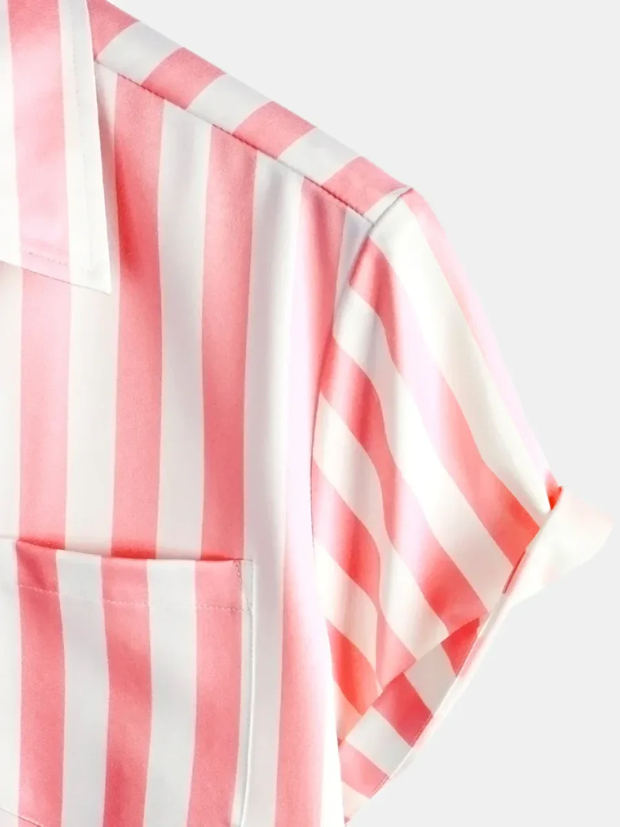 Camisa de Algodão Aloha de Manga Curta para Homem com Estampado de Palma Listrada em Rosa e Branco - Image 5