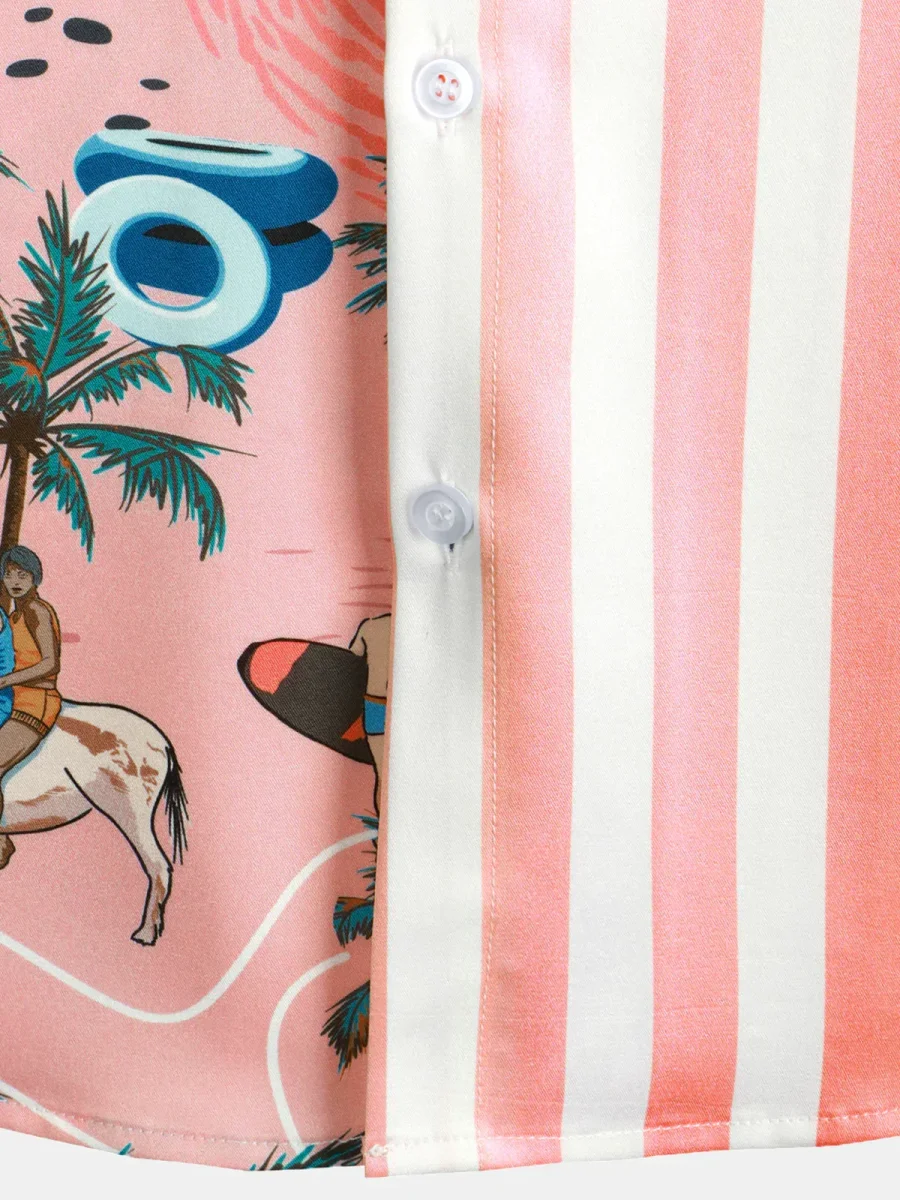 Camisa de Algodão Aloha de Manga Curta para Homem com Estampado de Palma Listrada em Rosa e Branco - Image 8