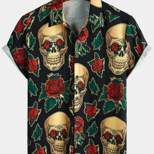 Ischia | Camisa de Manga Curta de Algodão com Estampado de Caveira e Rosa para Homem