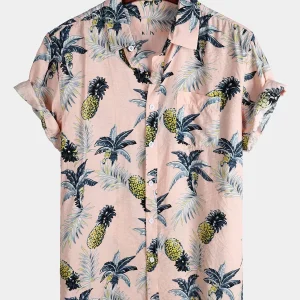 Camisa de Algodão de Homem de Férias Rosa Ananás de Manga Curta com Bolso