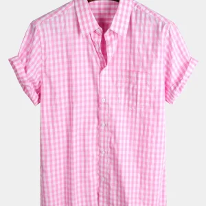 Camisa de Algodão de Homem de Quadros de Cor Sólida com Bolso para Verão, Férias, Botões e Manga Curta