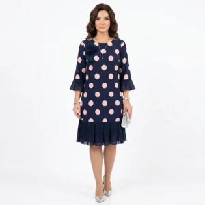 Clotilde | Vestido Azul Marinho às Bolinhas com Detalhe de Folhos